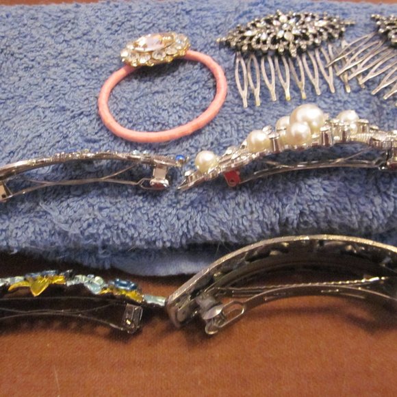 Set of 7 Crystal Hair Barrettes Combs Elastic - Picture 5 of 5